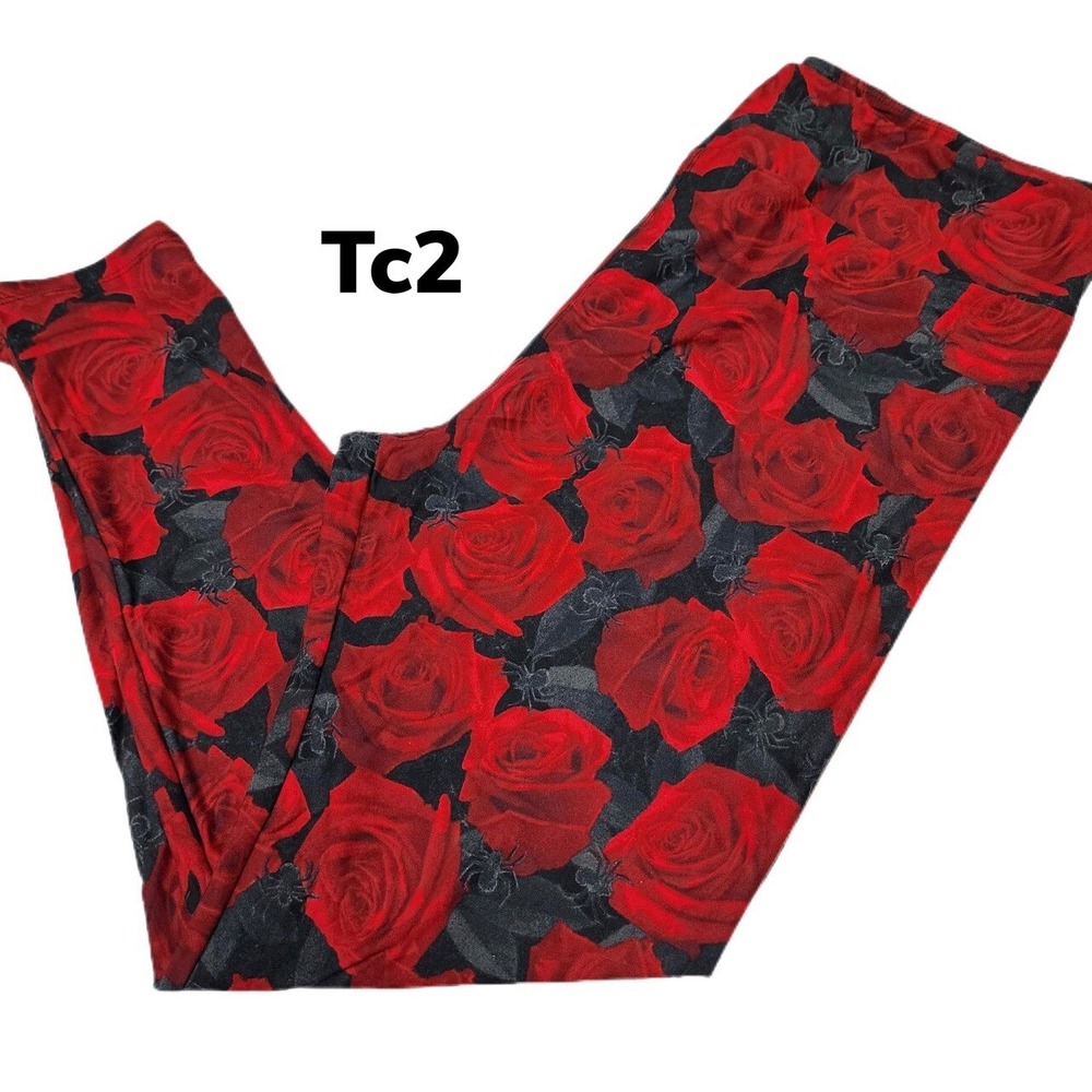 Tc2 LuLaRoe Leggings Halloween Bright Red Roses Spiders Fits 18/24